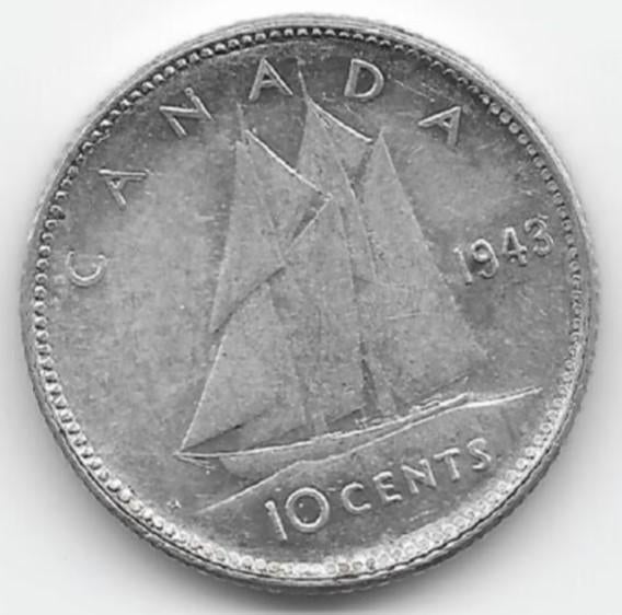 Canada 10 cents 1943 KM# 34, Verzenden, Noord-Amerika, Losse munt, Zilver