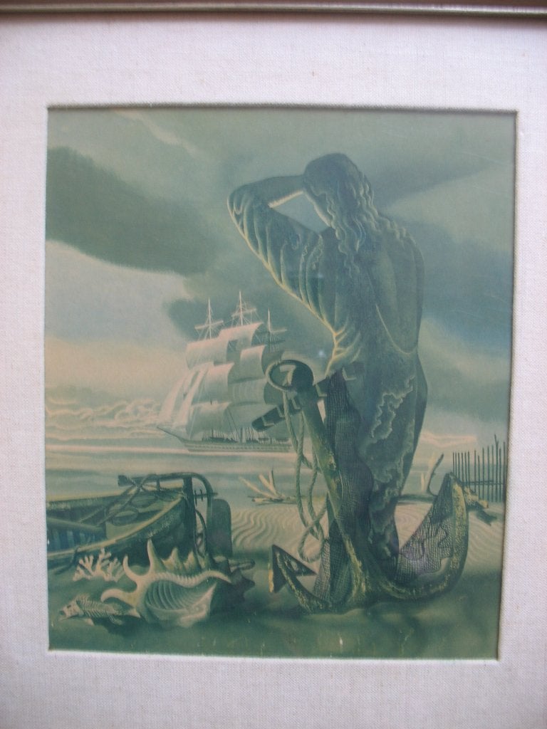 Zeldzaam Schilderij Zeemeermin Groen zonder Lijst Vintage, Ophalen