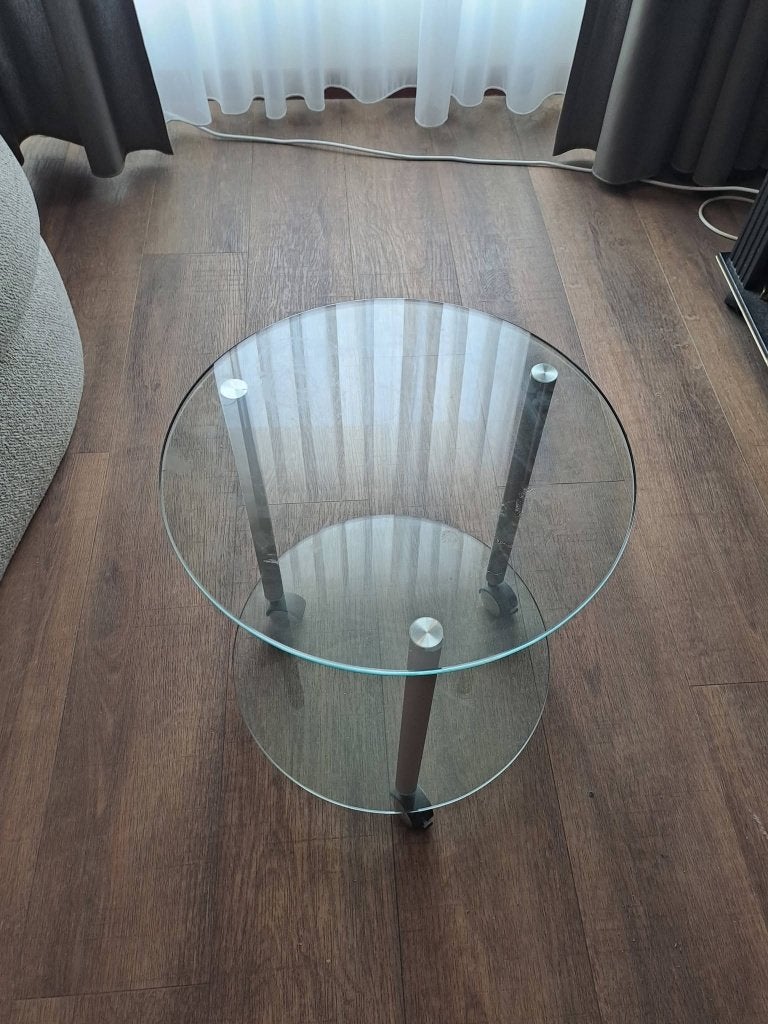 Salontafel van glas op wieltjes, Ophalen, Gebruikt, 100 tot 150 cm, Rond