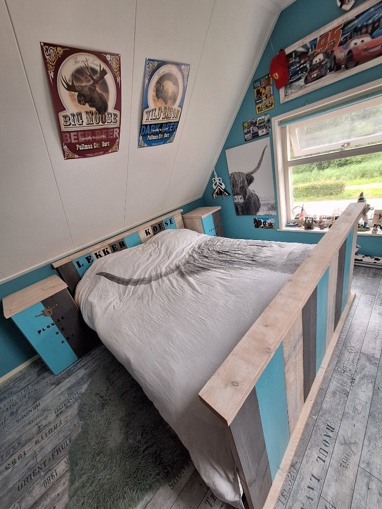 Tweepersoons steigerhouten bed incl. bodem en matras, Ophalen, Gebruikt, Wit, Steigerhout