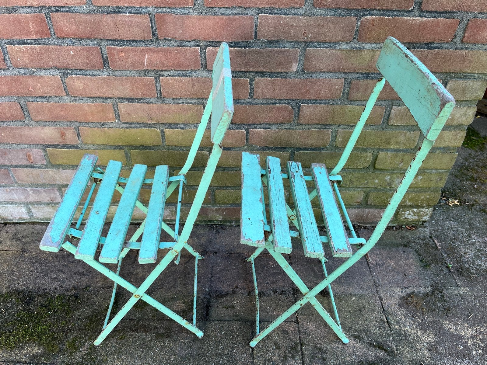 Set van 2 vintage Franse kinder tuinstoelen - mintgroen, Antiek en Kunst, Antiek | Meubels | Stoelen en Banken, Ophalen of Verzenden