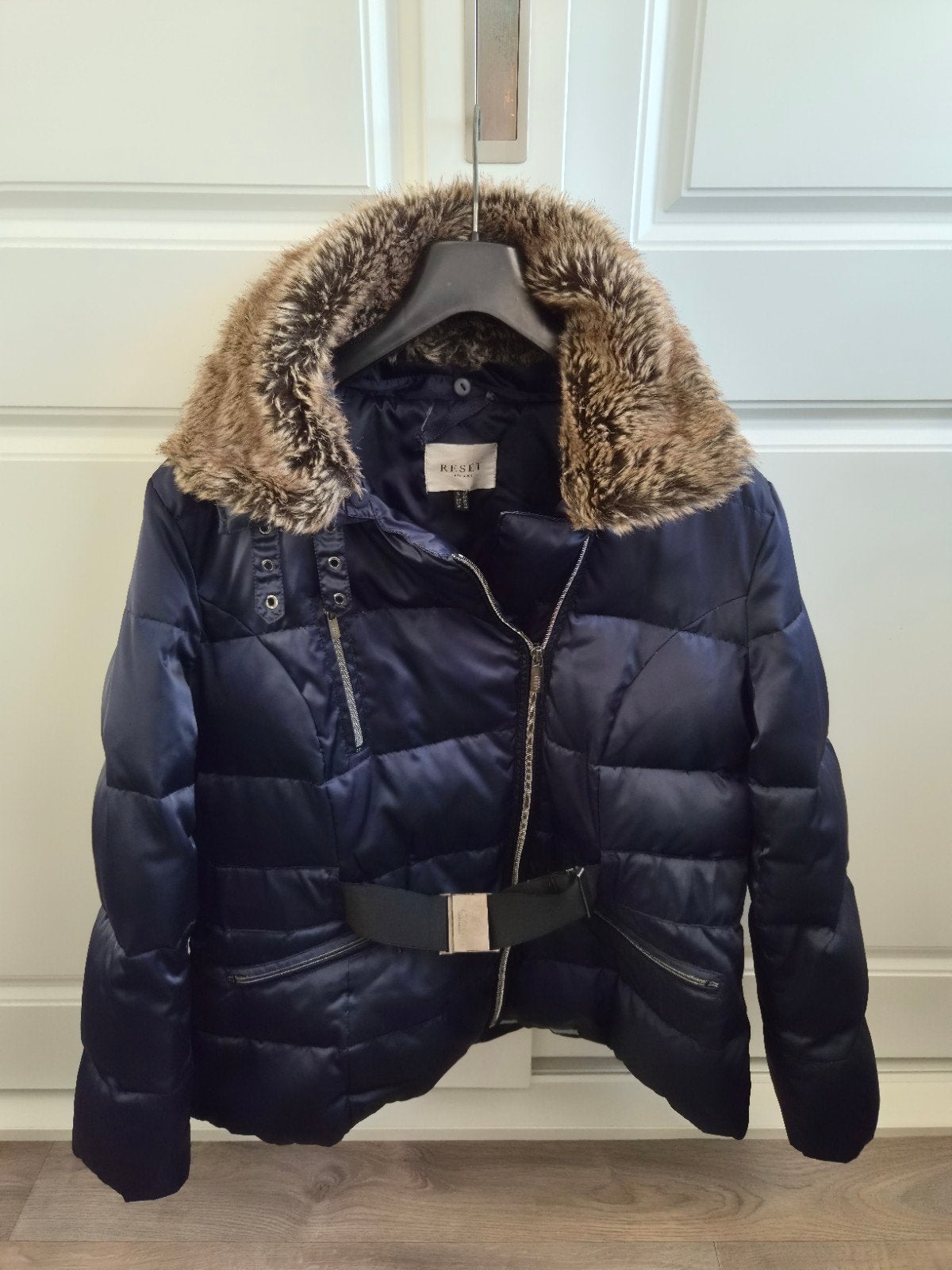 Reset donkerblauwe winterjas met bontkraag - maat 48, Blauw, Maat 46/48 (XL) of groter, Ophalen of Verzenden, Gedragen