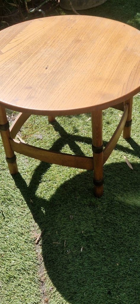 Vintage mid-century ronde tafel Faux bamboo stijl (brocante), Gebruikt, Rond, 55 tot 75 cm, Boho-chic