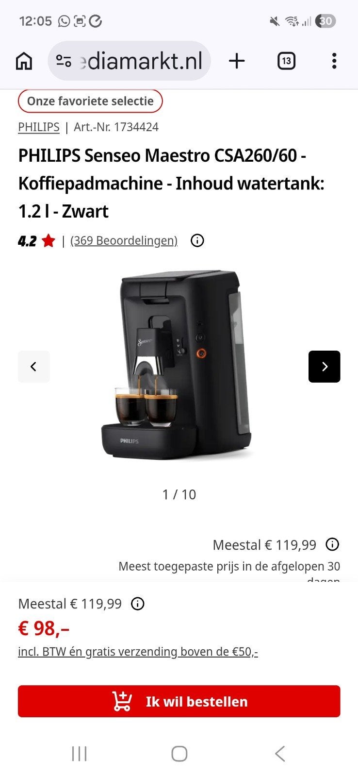 Philips Senseo Maestro CSA260/60 Koffiepadmachine Zwart, Witgoed en Apparatuur, Koffiepads en cups, 10 kopjes of meer, Koffiemachine