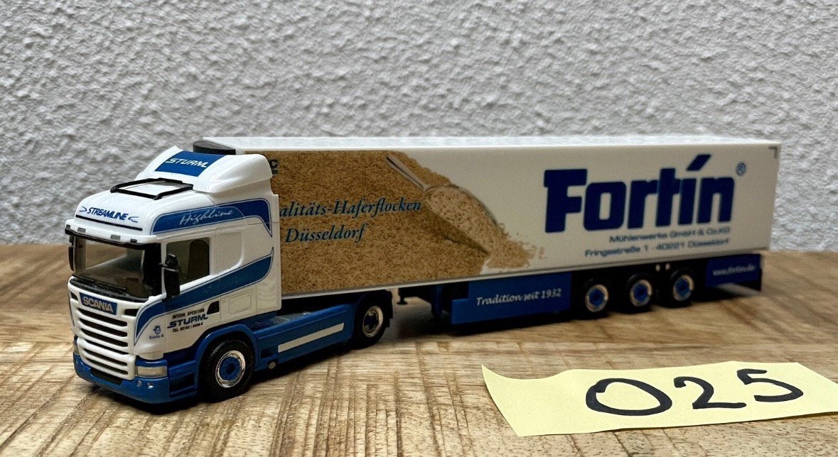 025 Herpa Scania R HL van spedition Sturm Fortin, Ophalen of Verzenden, Zo goed als nieuw, Bus of Vrachtwagen, Herpa