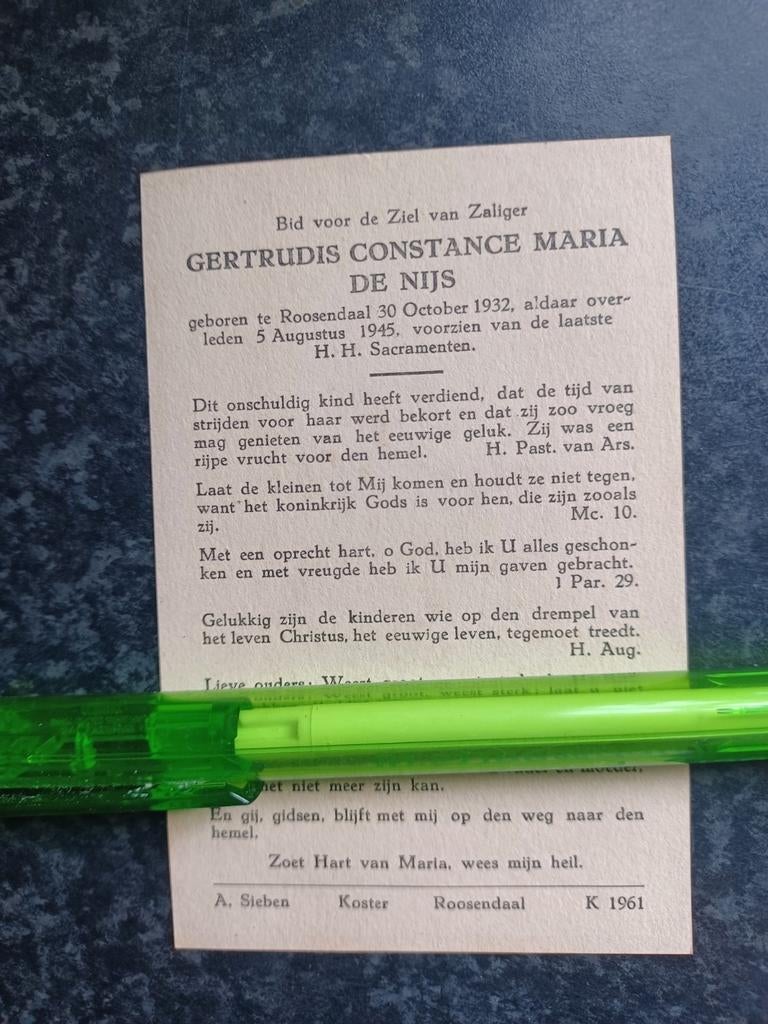 Bidprentje Roosendaal Gertrudis de Nijs 1932 1945, Ophalen, Bidprentje
