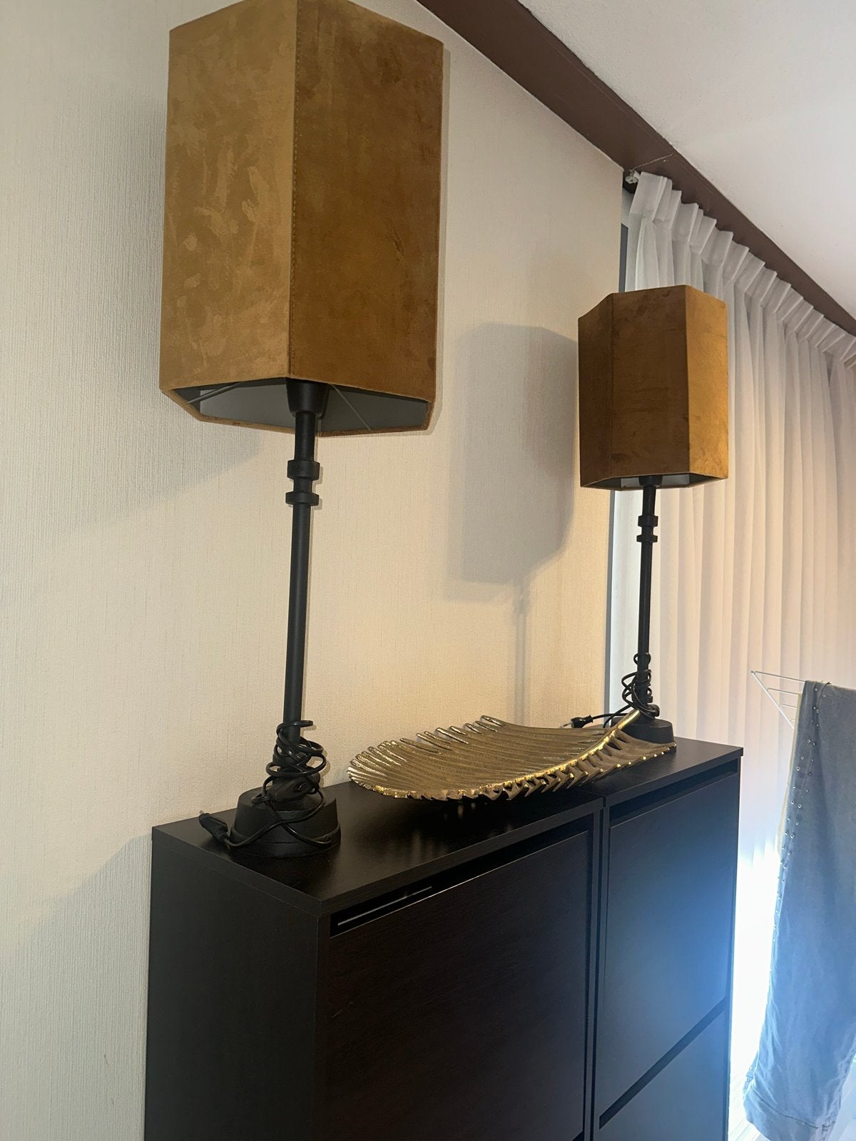 Set van 2 zwarte metalen lampen met bronskleurige velvet kap, Overige merken, Zwart, E27 (groot), Zo goed als nieuw