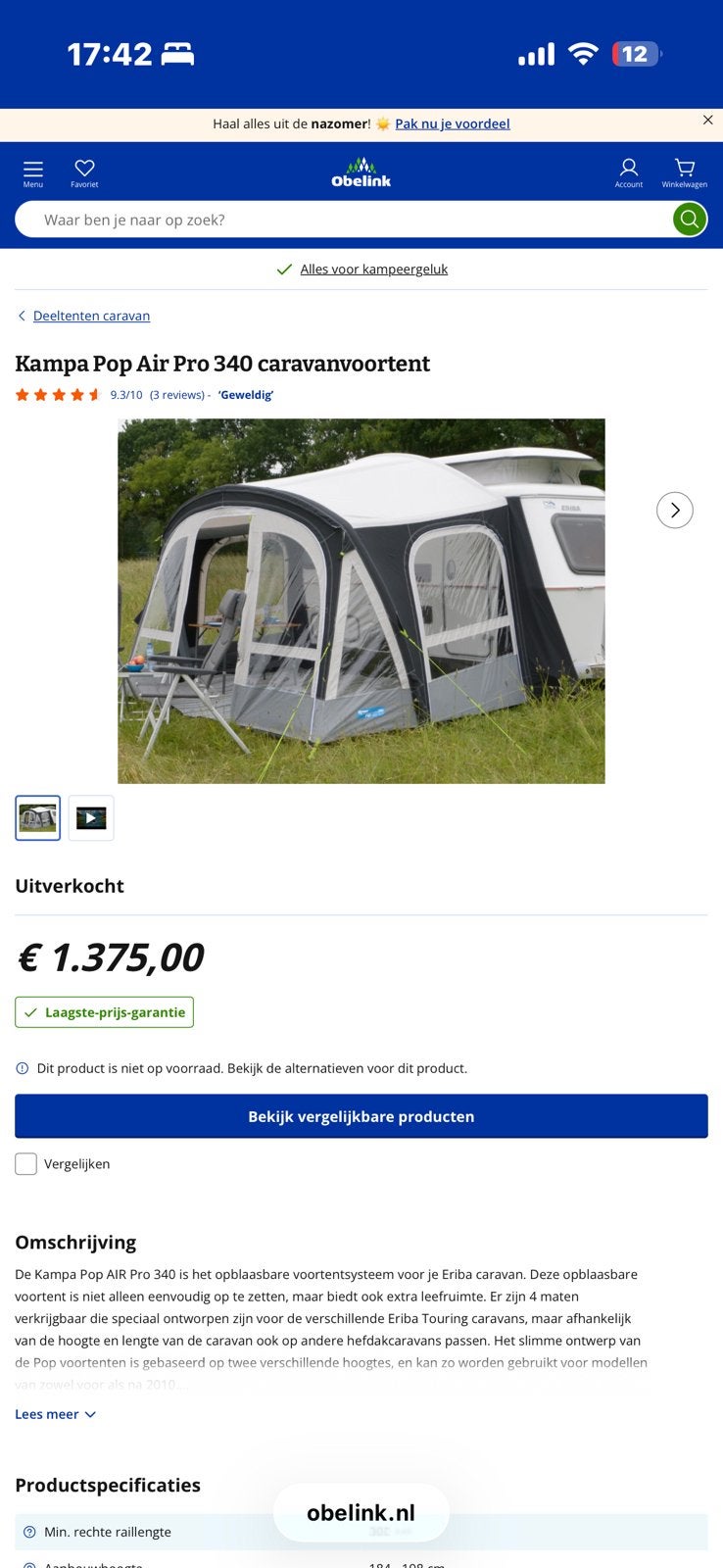 Kampa pop air 340 pro, Bax recreatie shop, Gebruikt, Tot en met 2, Ophalen of Verzenden
