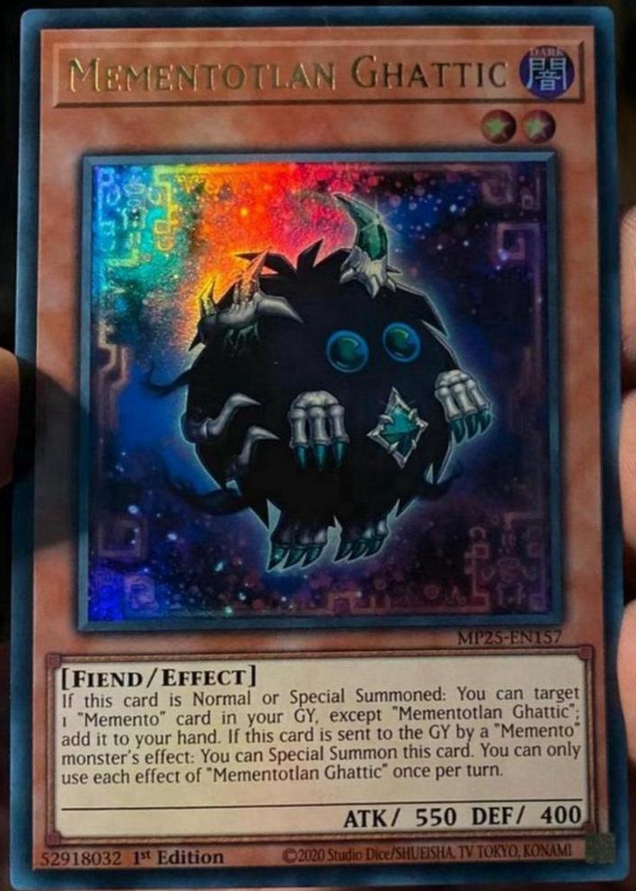 Yu-Gi-Oh! Mementotlan Ghattic MP25 1st Edition !, Ophalen of Verzenden, Zo goed als nieuw, Losse kaart, Foil