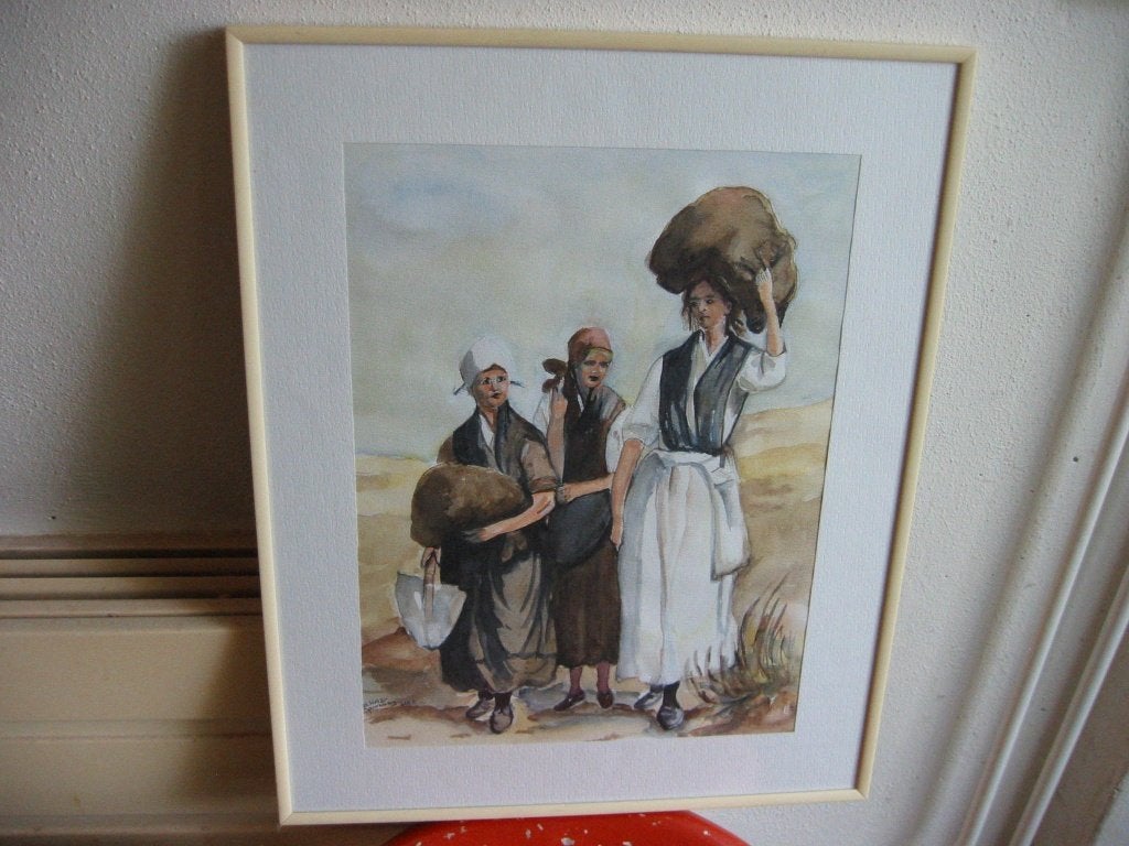 Vrouwen Katwijk / Aquarel, Ophalen of Verzenden, Ingelijst