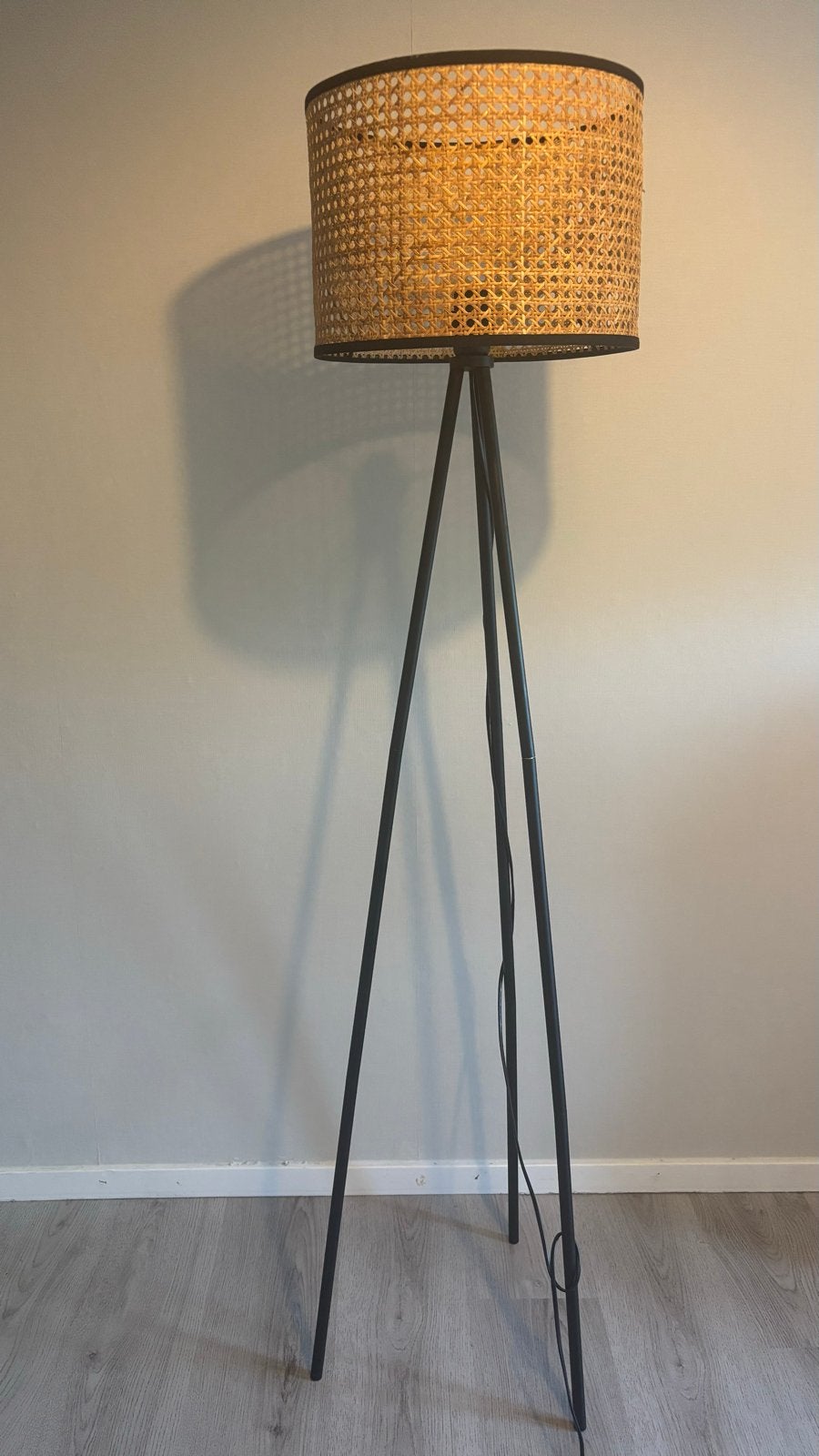 Stijlvolle staande lamp met rotan kap, Ophalen, 100 tot 150 cm, E27 (groot), Zo goed als nieuw