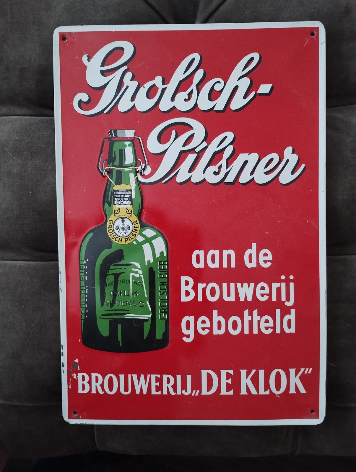 Vintage Grolsch Pilsner Reclamebord - Brouwerij De Klok, Ophalen of Verzenden, Gebruikt, Reclamebord