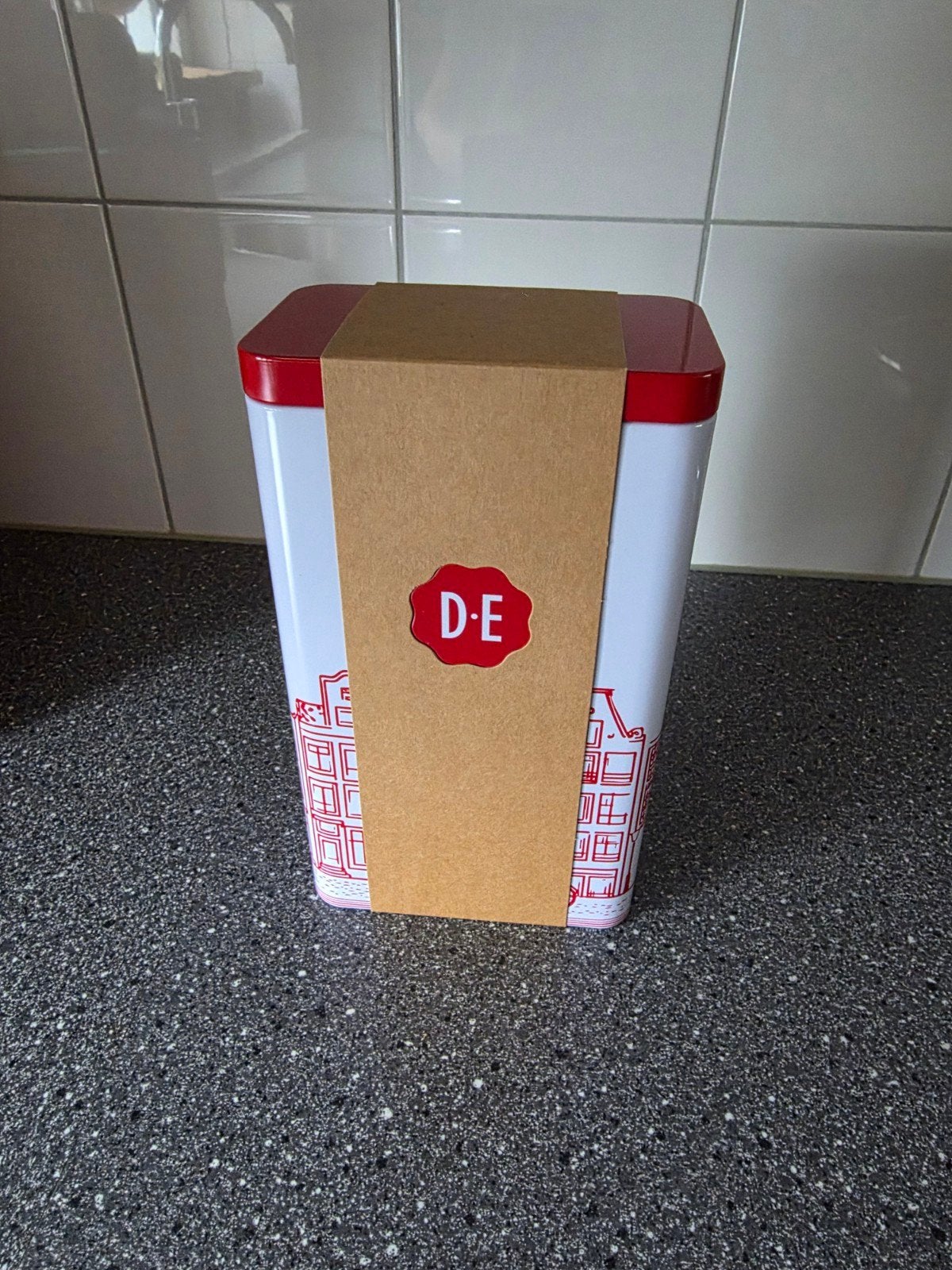 Douwe Egberts Burendag Bewaarblik- Amsterdam Grachtenpandjes, Nieuw, Ophalen of Verzenden, Voorraadpot, Metaal