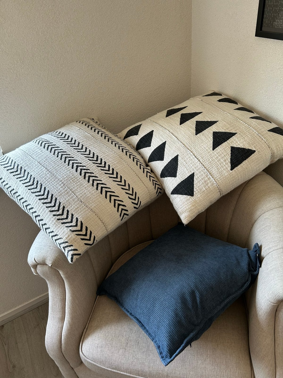 Set van 3 sierkussens: 2x beige met print, 1x blauw ribstof, Overige merken, Meerkleurig, Inclusief binnenkussen, Vierkant
