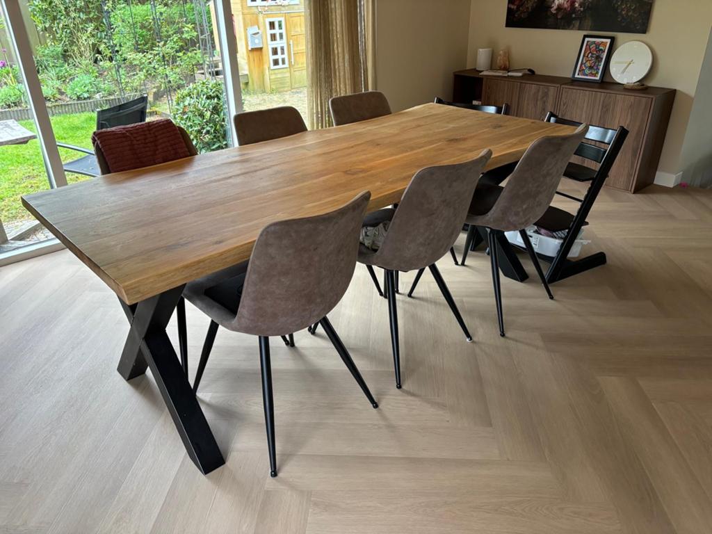 Massieve Eikenhouten Tafel met Stalen Frame 220x95 cm, Huis en Inrichting, Tafels | Eettafels, Ophalen, Gebruikt, Eikenhout, 200 cm of meer