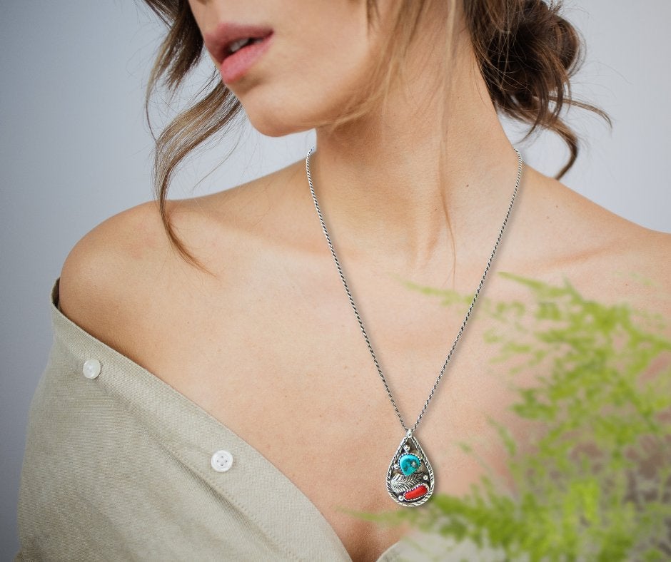 Prachtige grote zilveren NAVAJO turquoise koraal hanger!, Verzenden, Zo goed als nieuw, X, Met edelsteen