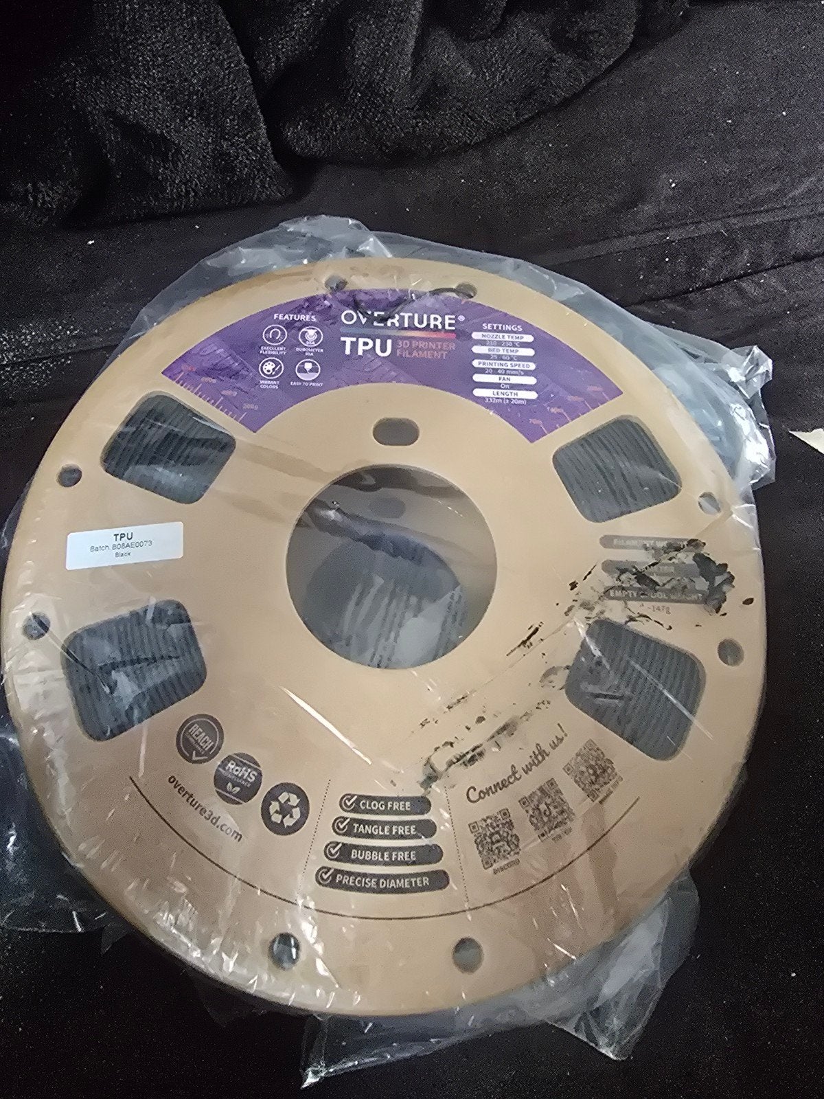 Overture TPU 3D Printer Filament Zwart - Nieuw, Ophalen of Verzenden, Nieuw, Filament, Overture
