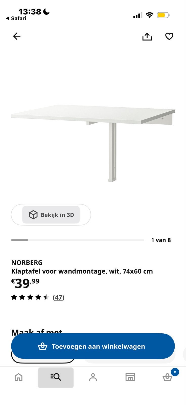 IKEA NORBERG Klaptafel voor wandmontage, wit, Ophalen, Overige materialen, Gebruikt, Tot twee personen