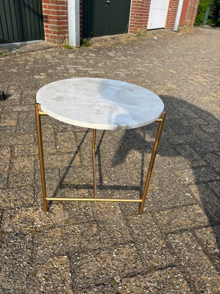 Goud bijzettafeltje met marmeren blad, 45 tot 60 cm, Minder dan 55 cm, Rond, Ophalen of Verzenden