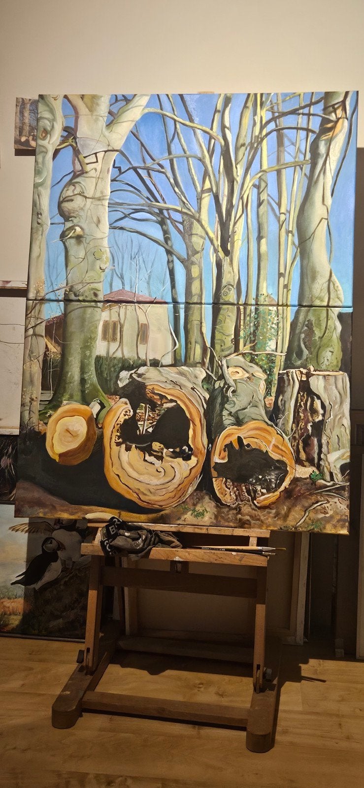 Olieverfschilderij: Bosgezicht met omgevallen bomen, Doek, Realistisch, Ophalen of Verzenden, Gesigneerd