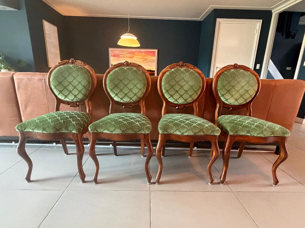 Unieke vintage eetkamerstoelen groen velours – 4 stuks, Ophalen