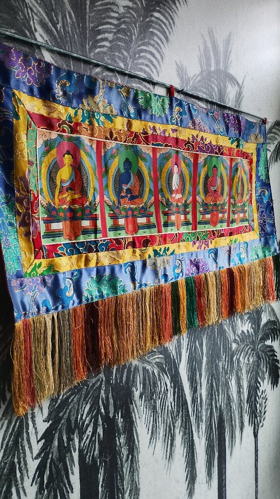Tibetaanse handgeschilderde Thangka met de wijsheid boeddhas, Antiek en Kunst, Ophalen of Verzenden