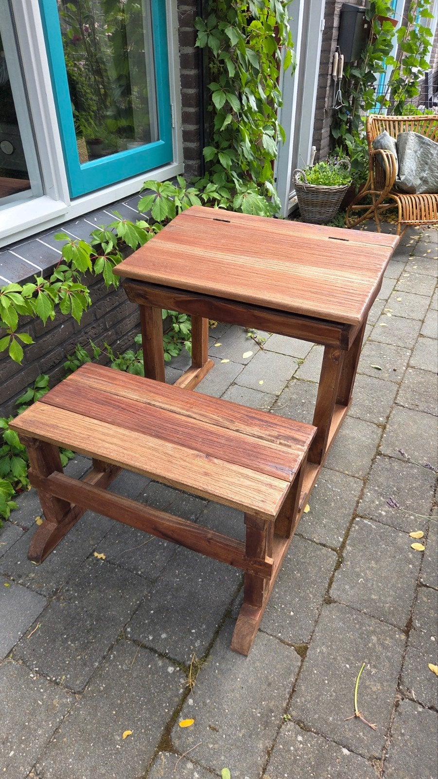 Vintage houten schoolbank met bankje, Ophalen