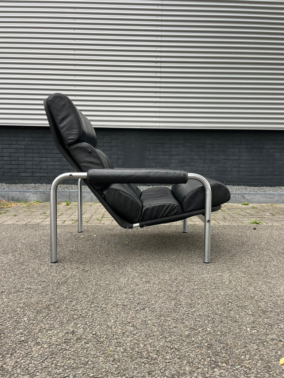 Gave zwarte leren vintage fauteuil Jan de Bouvrie, Ophalen, 75 tot 100 cm, 50 tot 75 cm, A