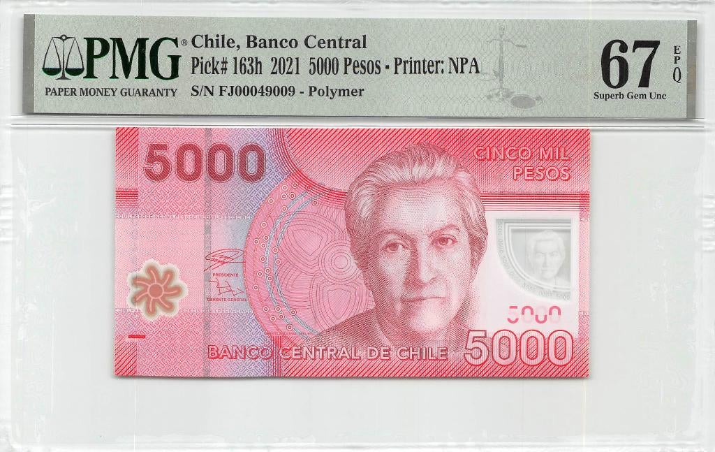 Chile 5000 Pesos 2021 Unc PMG 67 EPQ, Ophalen of Verzenden, Zuid-Amerika, Los biljet
