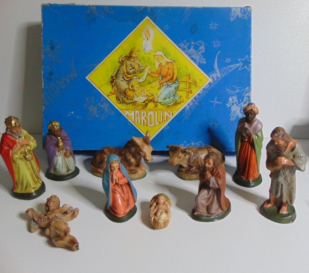 Antieke  Papier Mache Kerst stal in originele doos Marolin, Diversen, Ophalen of Verzenden, Gebruikt