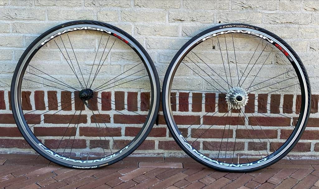 Campagnolo Vento G3 wielen met nieuwe Continental Grand Prix, Gebruikt, Aluminium, Racefiets, Ophalen