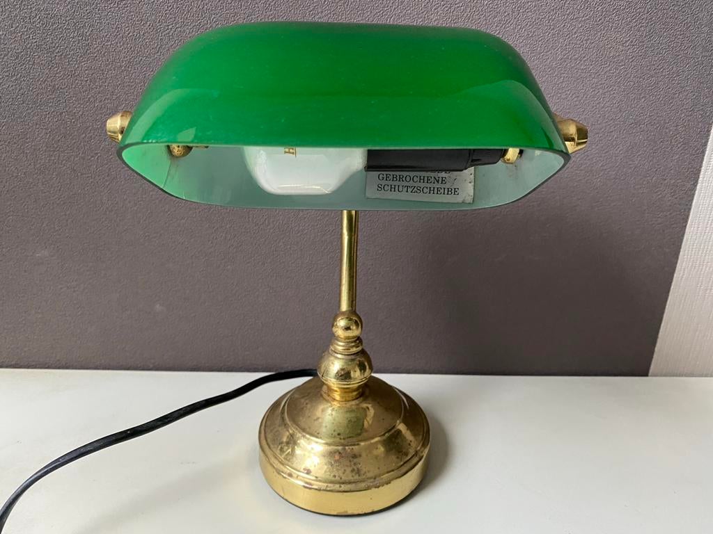 Bankierslamp met groene glazen kap en metalen voet, Ophalen of Verzenden