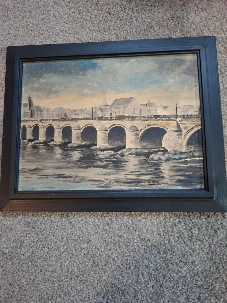 Olieverfschilderij Oude Maasbrug Maastricht., Antiek en Kunst, Kunst | Schilderijen | Klassiek, Ophalen of Verzenden