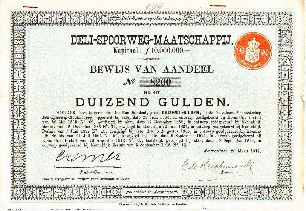 DELI - SPOORWEG - MAATSCHAPPIJ BEWIJS VAN AANDEEL  NR 8200, Ophalen of Verzenden, Voor 1920, Aandeel