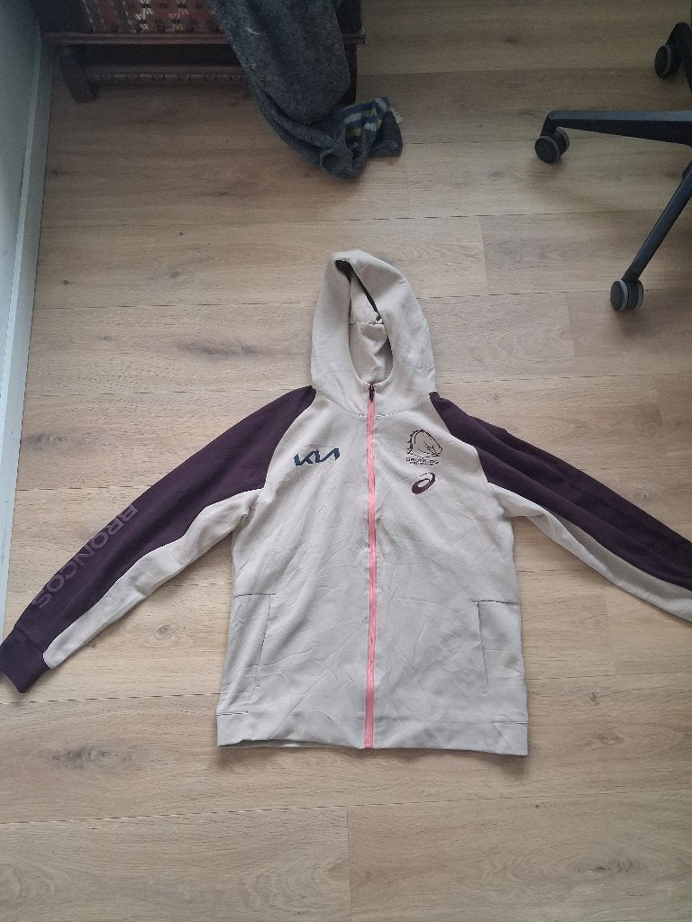 Comfortabele Asics Broncos hoodie - Beige/Paars - Maat M, Kleding | Heren, Truien en Vesten, Ophalen of Verzenden, Zo goed als nieuw