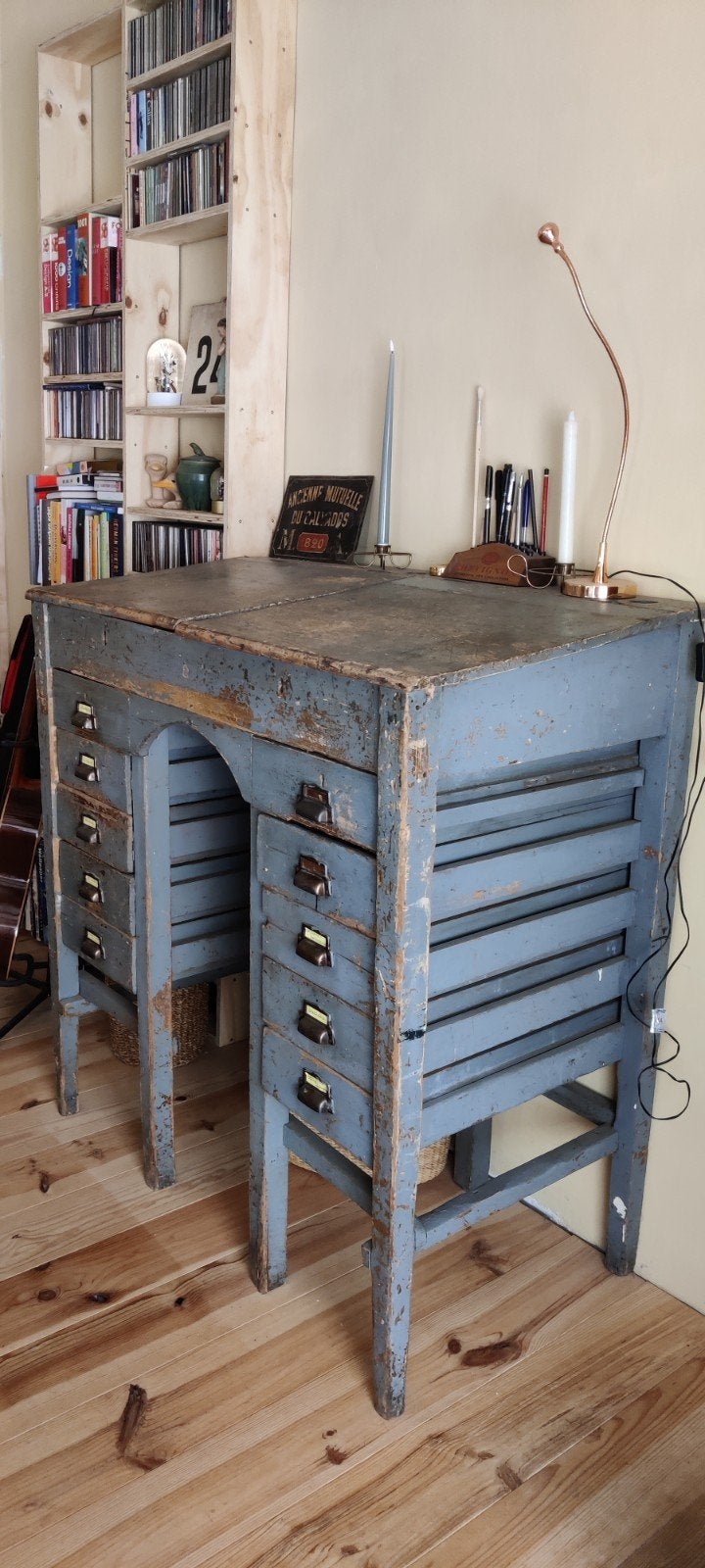 industrieel, vintage bureau, ladekast, petrol blauw, Ophalen