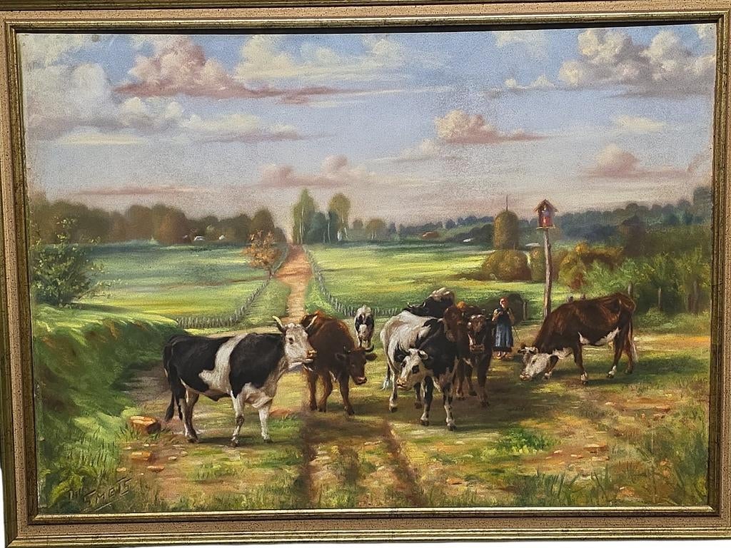 Olieverfschilderij koeien in landschap, gesigneerd, Antiek en Kunst, Ophalen of Verzenden
