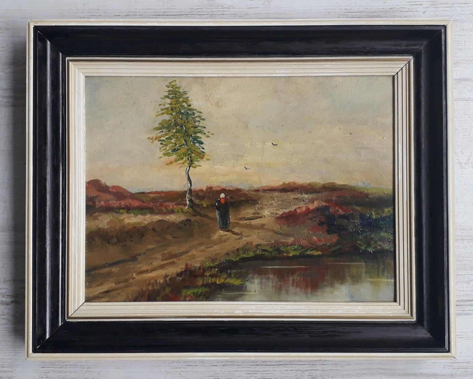 LANDSCHAP MET 1 BOOM 🌳 WATER>MYSTERIEUS FIGUUR>OUD 1950, Impressionistisch, Ophalen of Verzenden, Landschap, Olieverf