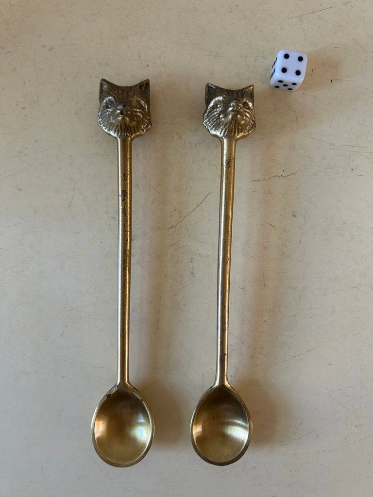2 Zusss gouden theelepels met kattenkop (ZS merkteken), Theelepel, Los bestek, Ophalen of Verzenden, Zo goed als nieuw