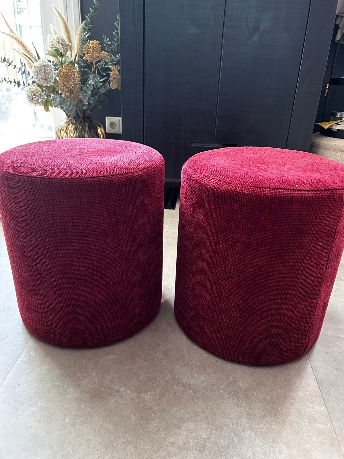 Poef 2x bordeaux rood, Ophalen, Minder dan 50 cm, Rond, Minder dan 50 cm