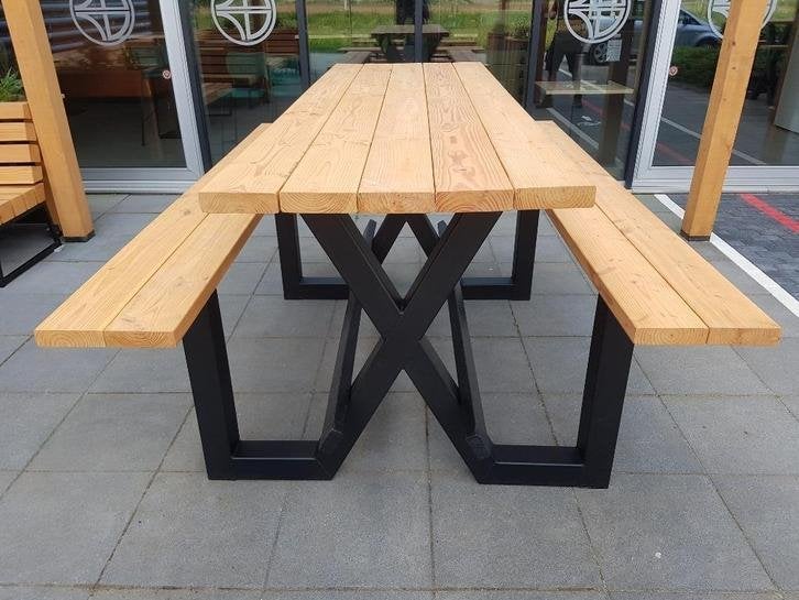 Picknicktafel bartafel staal douglas/lariks hout. X frame, Niet ingevuld, Niet ingevuld, Nieuw, Ophalen of Verzenden