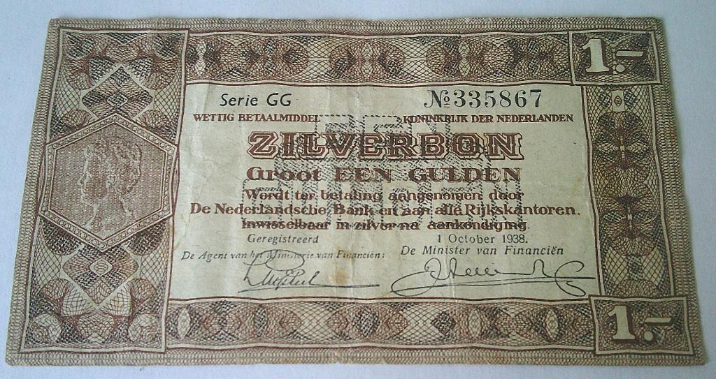 Nederland 1 Zilverbon 1 Gulden 1938 Serie GG-No.335867.(10), Verzenden, Los biljet