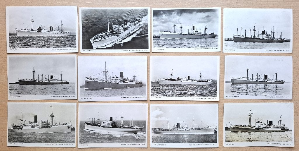 12 ansichtkaarten schepen Koninklijke Rotterdamse Lloyd, Verzamelen, Ophalen of Verzenden, Zo goed als nieuw, Motorboot, Kaart, Foto of Prent