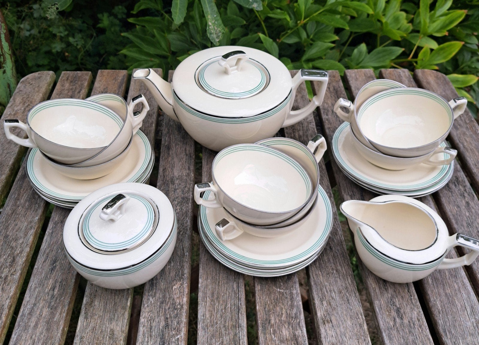 Vintage Jäger theeservies met zilveren rand en groene streep, Ophalen of Verzenden