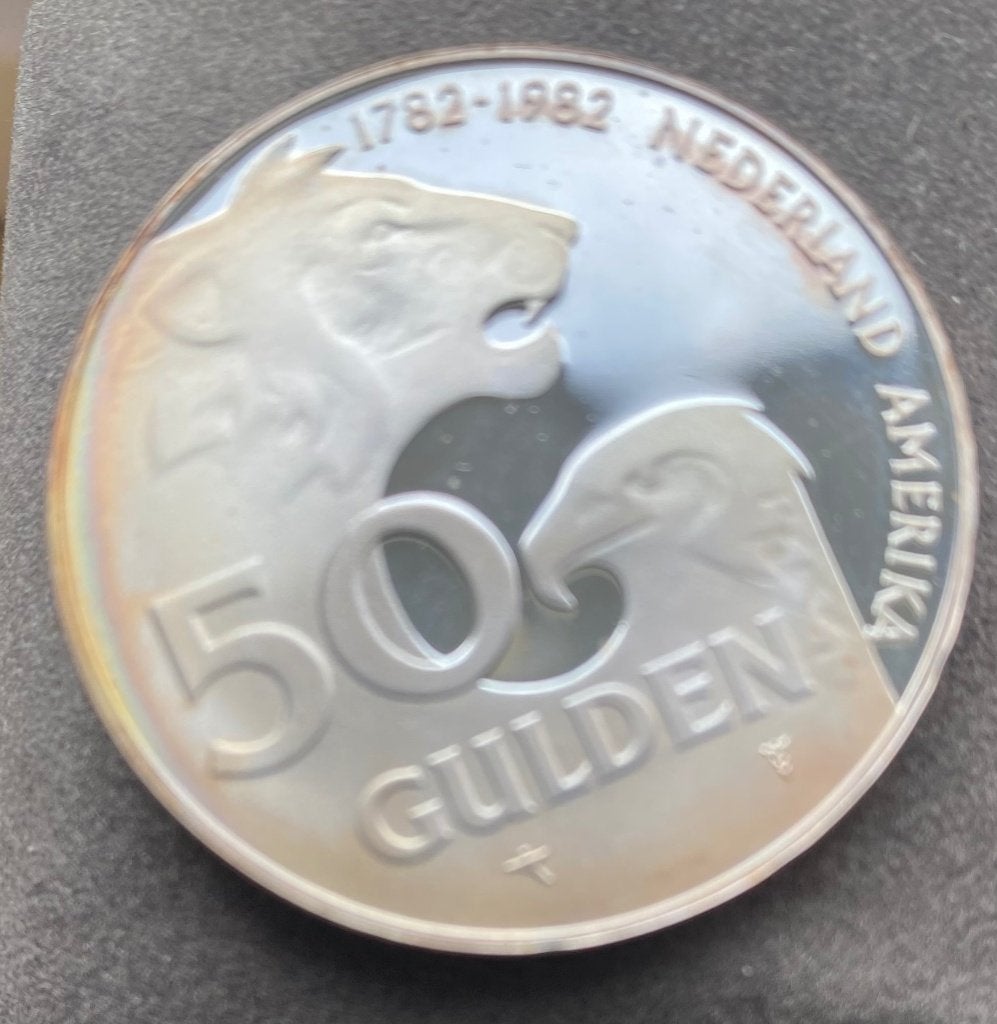 Zilveren 50 Gulden 1982 (200 jaar NL - Amerika) prooflike, Koningin Beatrix, Zilver, Ophalen of Verzenden, Losse munt
