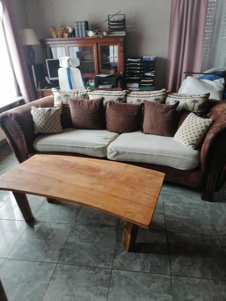 Kasteelbank Bank Bruin Beige Kussens Salontafel Teakhout, Ophalen