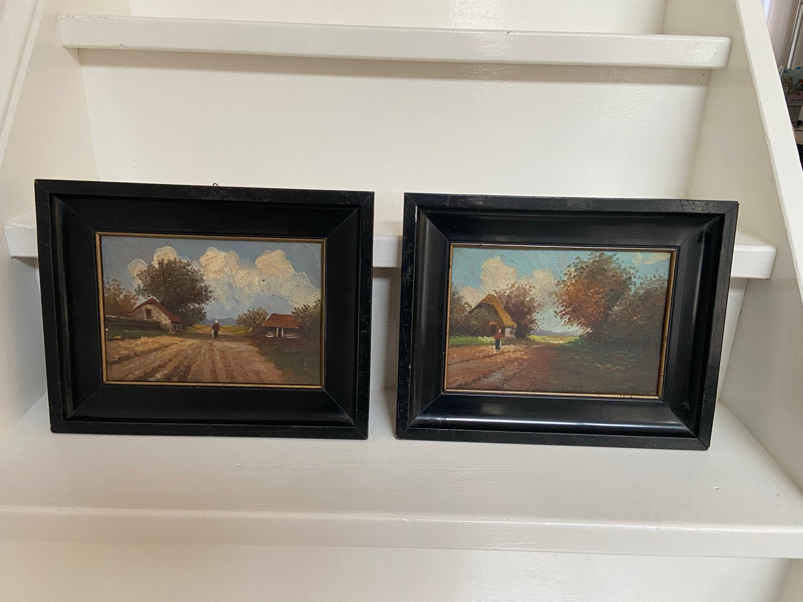 Twee Olieverfschilderijen: Landweg met Boerderijen, Ophalen, Paneel, Olieverf, Klassiek