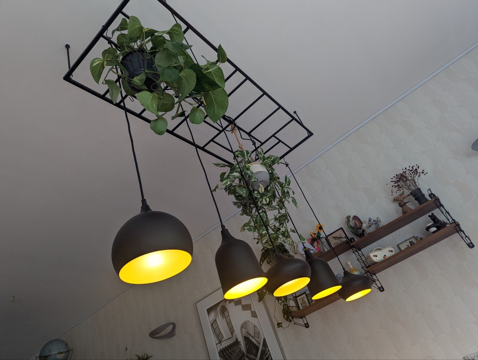 Hanglamp met 5 zwarte kappen en plantenrek, Huis en Inrichting, Ophalen, Gebruikt, E27 (groot), Metaal