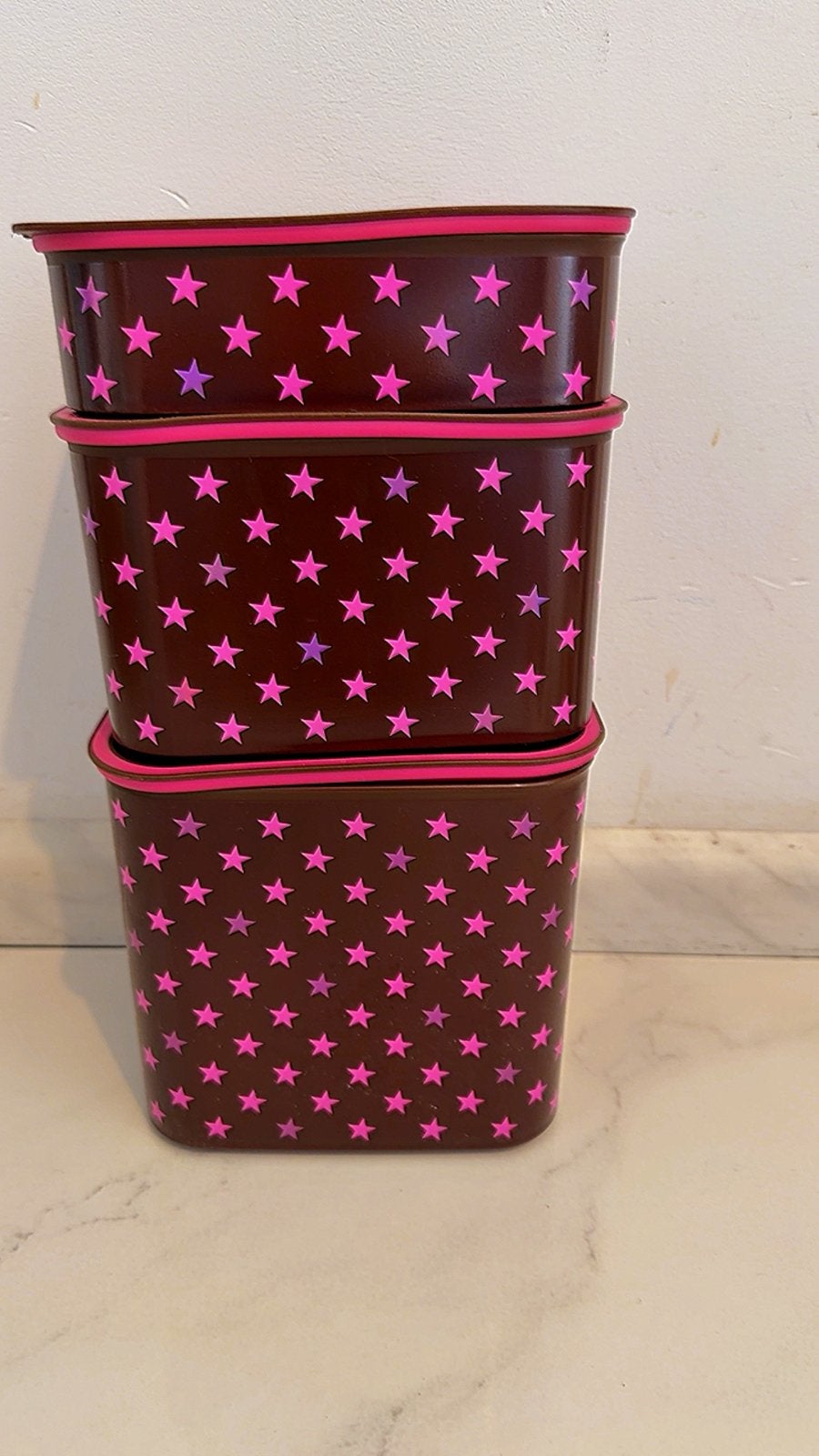 Tupperware bewaardozen met sterrenprint (set van 3), Ophalen of Verzenden, Gebruikt, Bruin, Bus of Trommel