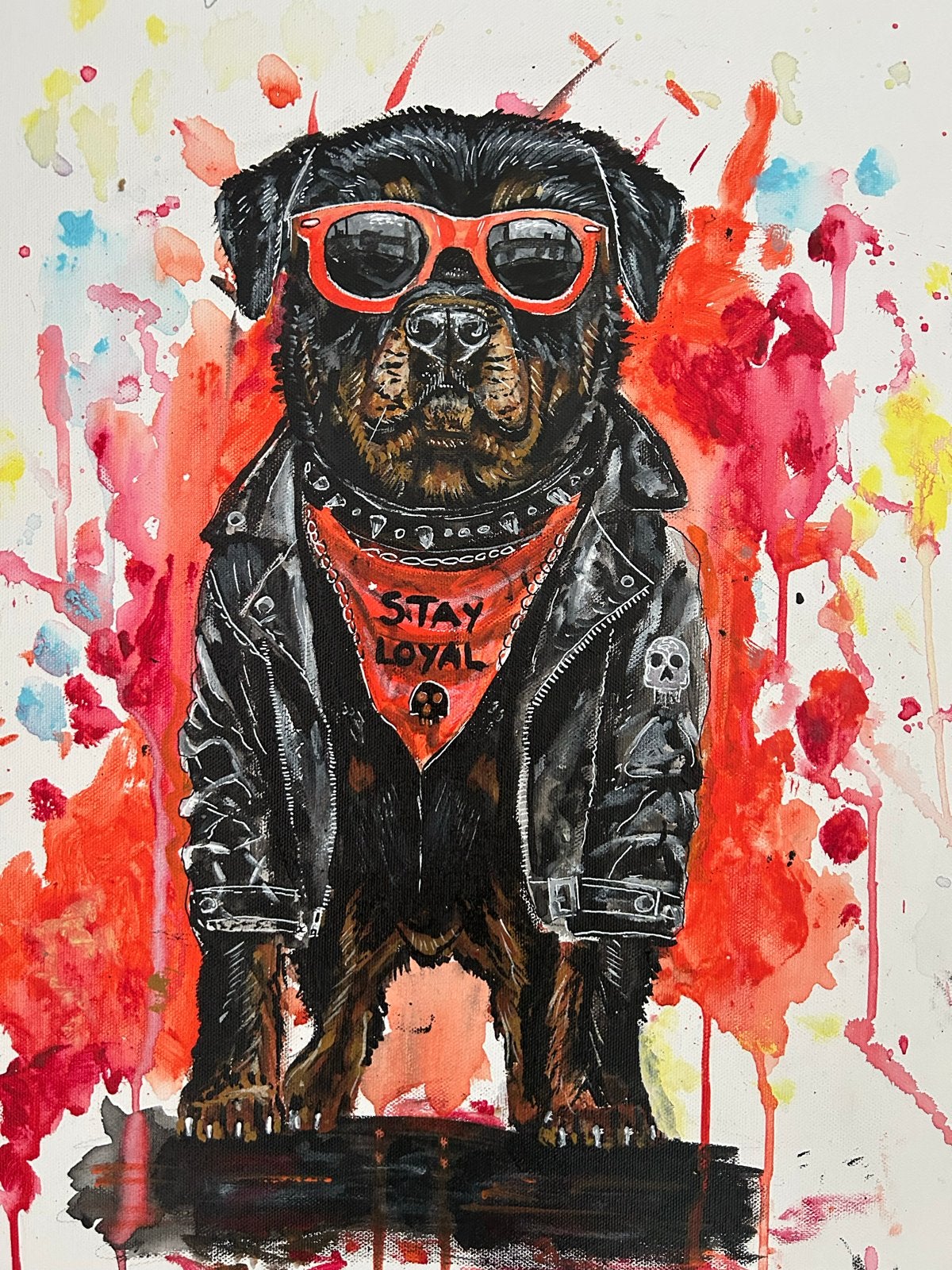 Stoere Rottweiler met zonnebril - Acrylverf op doek, Acrylverf, Dieren, Textiel, Gelakt/vernis